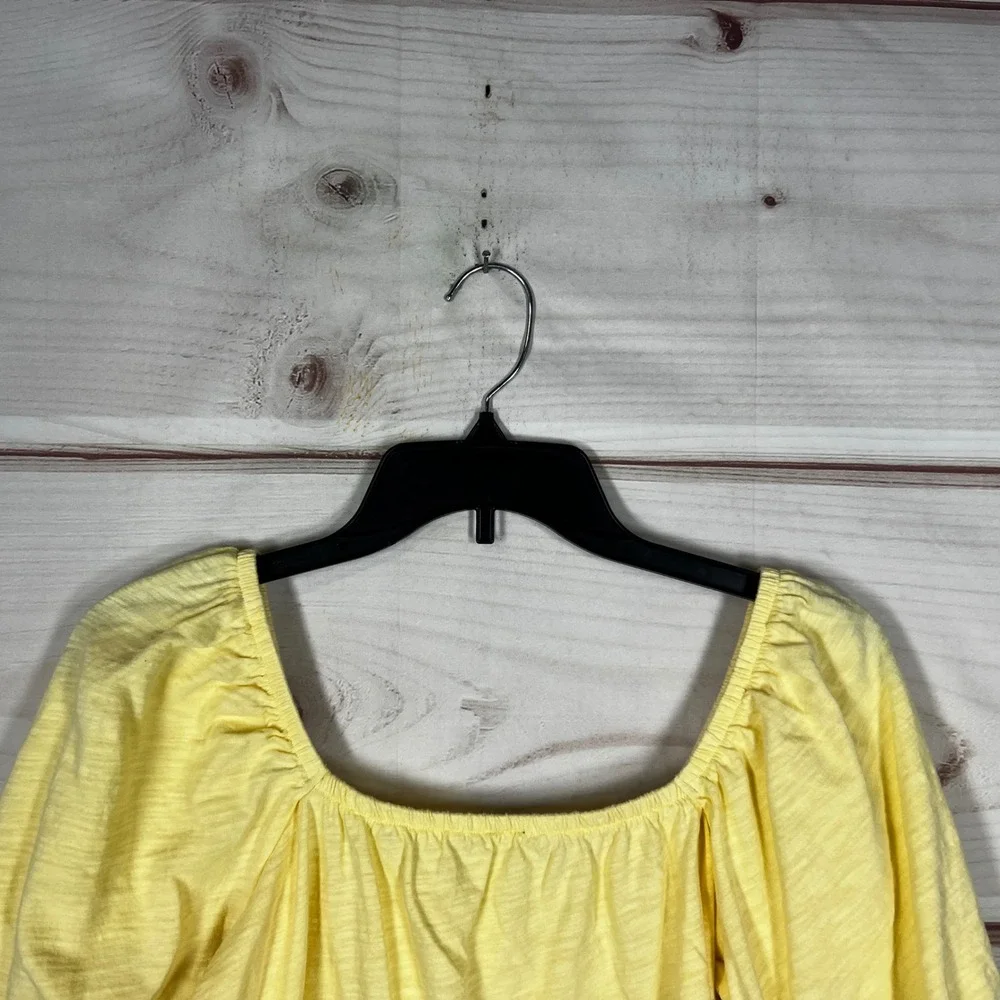 Old Navy Puff Sleeve‎ Top Womens Small Yellow Solid Cotton Slub Knit Square Neck